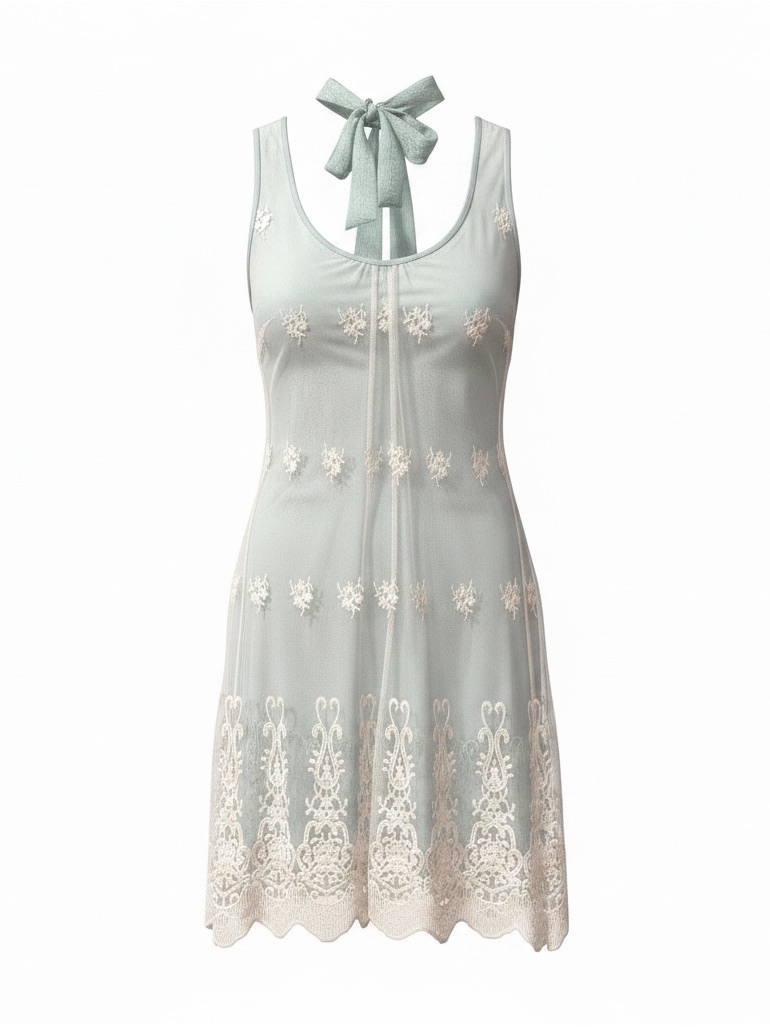 A'reve Pale Blue & White Embroidered Tie-Neck Midi Dress
